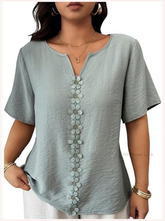 Tops - Plus Size Embroidered Blouse Short Sleeve Notch Neck Tunic Top